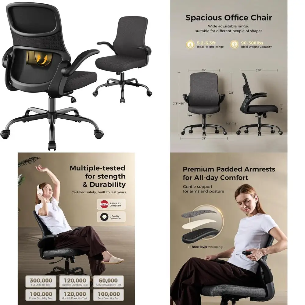 

Ergonomic Mesh Office Chair with Lumbar Support, Adjustable Height, Flip-Up Armrests, Swivel and Smooth Rolling