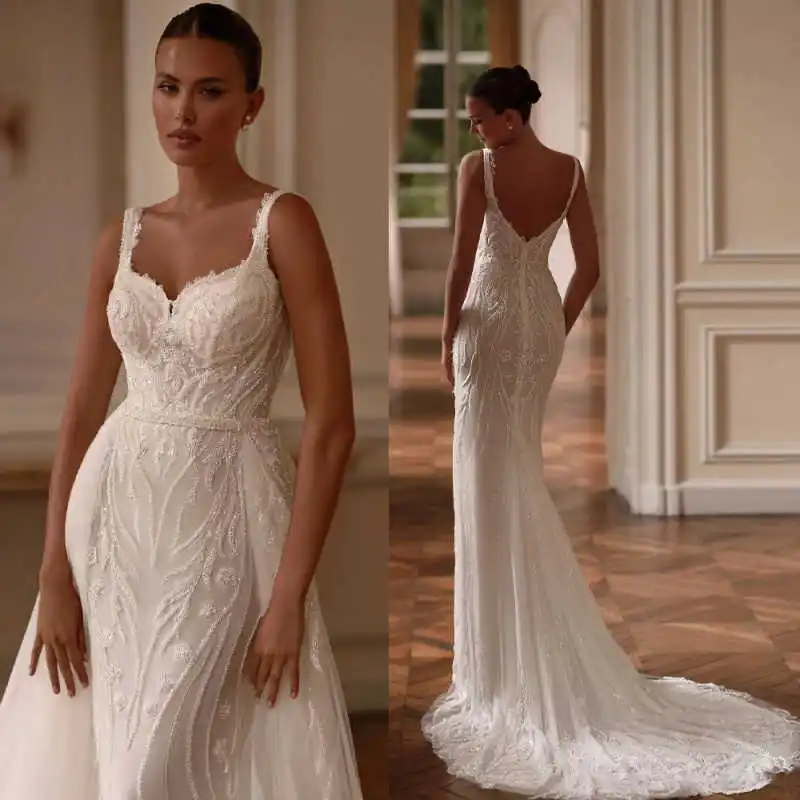 Elegant Sequin Mermaid Wedding Dress Spaghetti Strap Sweetheart Backless Chapel Train Bridal Gown For Wedding Customized