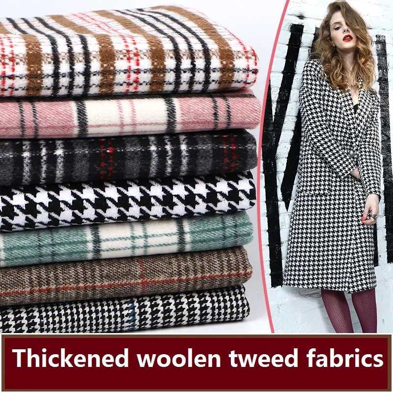 Autumn and Winter Thickened Black and White Thousand Bird Plaid Woolen Tweed Fabrics Coats Clothing DIY Woolen Sanded Fabrics