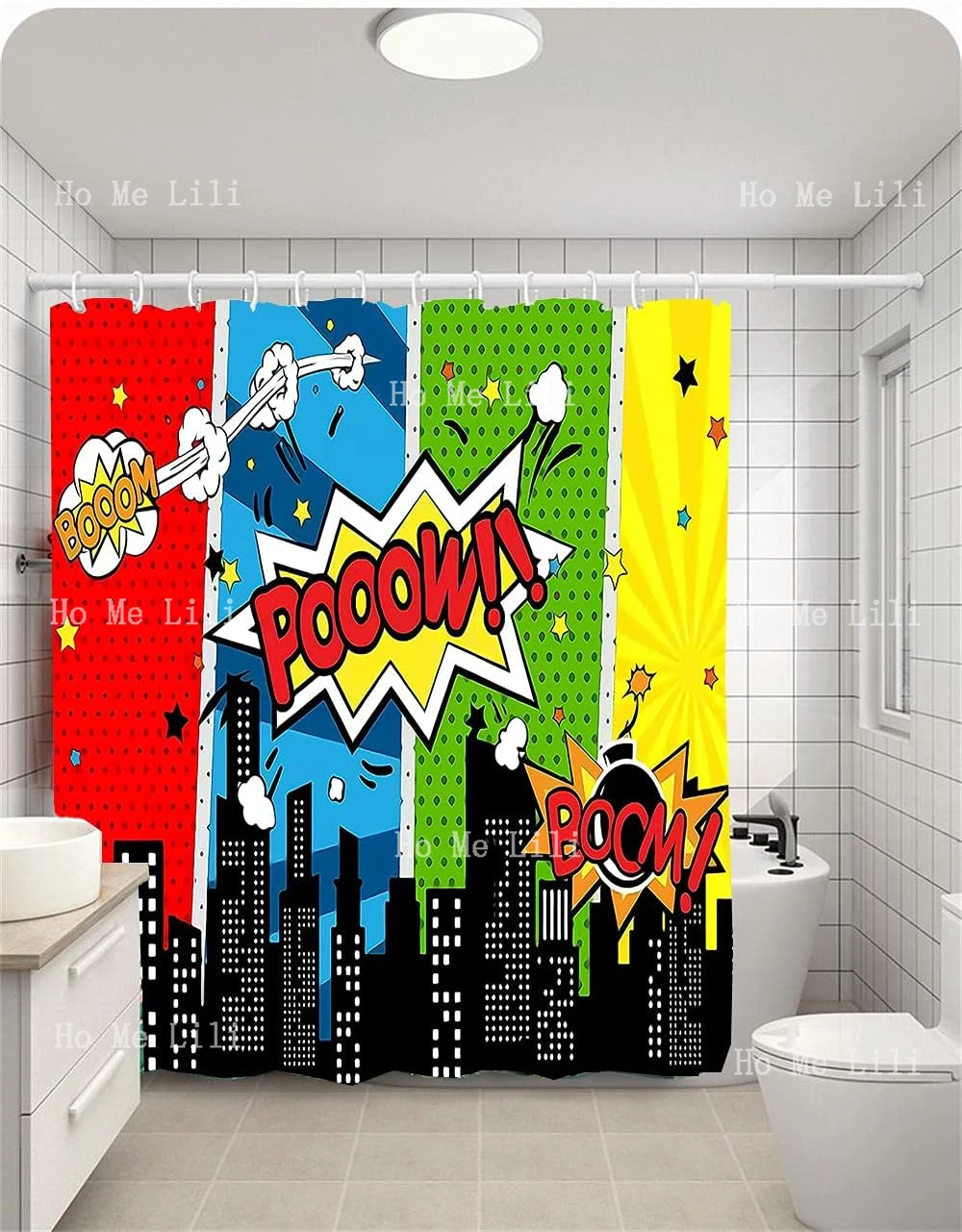 Building Cityscape City Cartoon Boom Skyline Scene Explosion Shower Curtain Decor Fabric Polyester