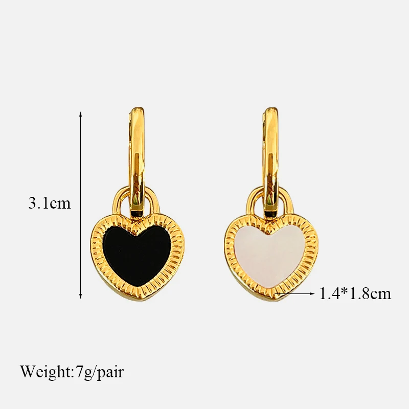 GANEMLY 316L Stainless Steel Black White Reversible Heart Charm Earrings Fashion Waterproof Ear Jewelry For Women Gift Party
