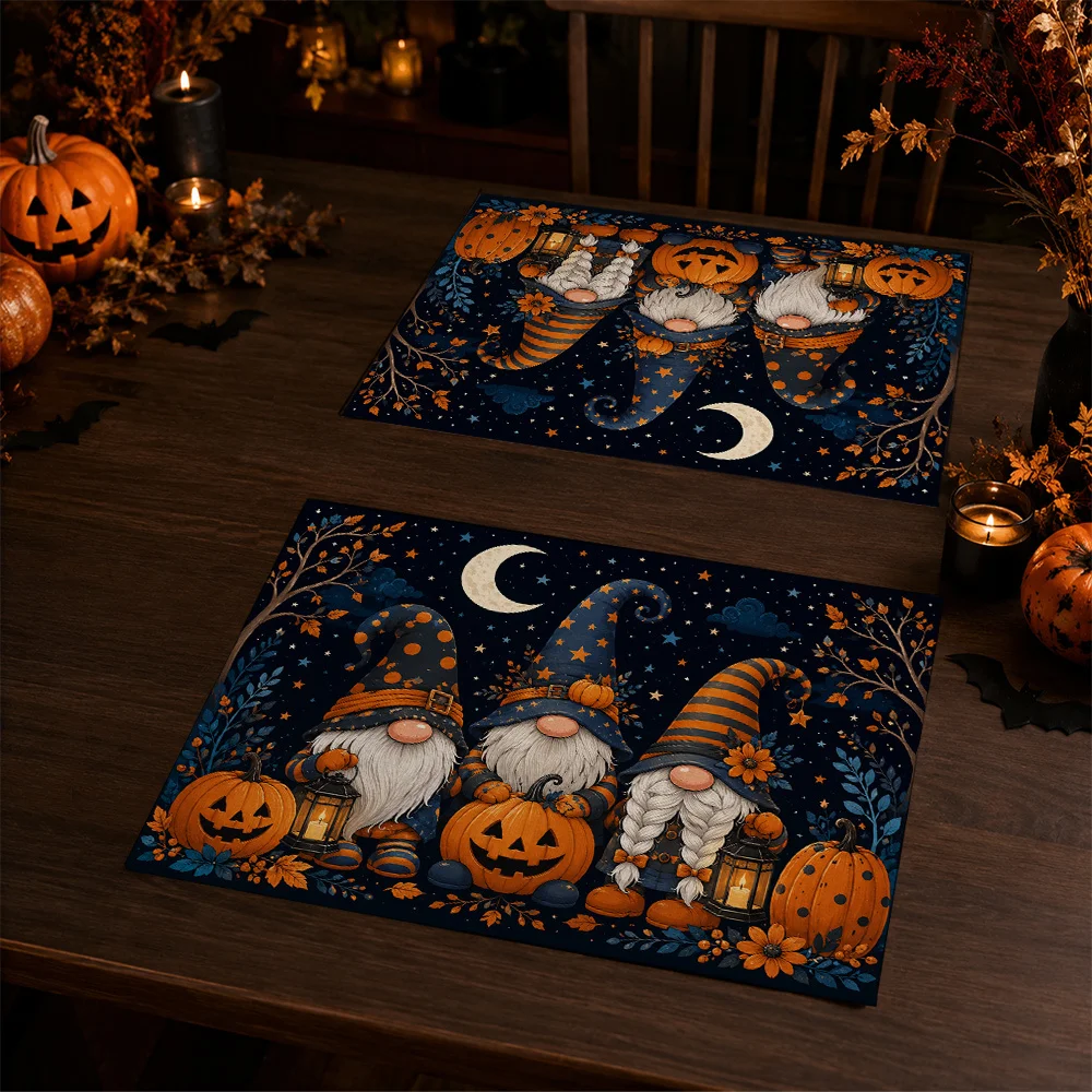 Gnome & Placemats Suitable For Home Decor, Fall Table Ting, Rectangular Machine-30x40cm Polyester Table With Gnomes Under Moon