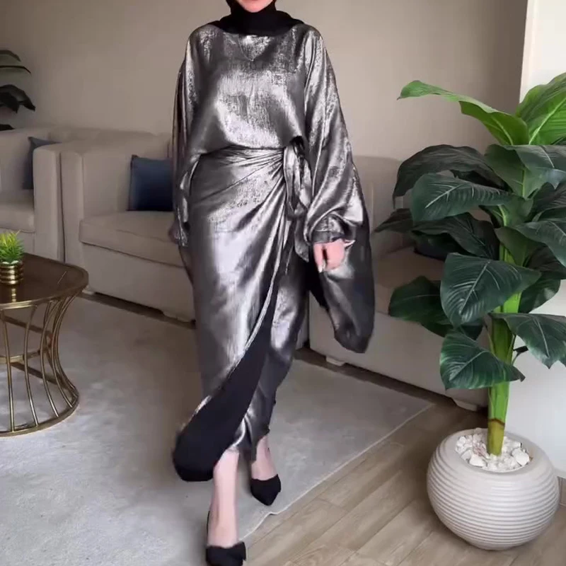 

Casual Bright Loose Long Sleeve Tops&Half Skirts Sets Elegant Solid Color Women's Commute Outfits Spring Summer New Lace Up 2pc