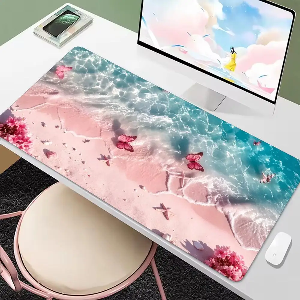 Pink Beach Ocean Floral Large Gaming Mouse Pad Non Slip Rubber Base Extended Mouse Mat For PC Laptop Gaming Office Desk Setup