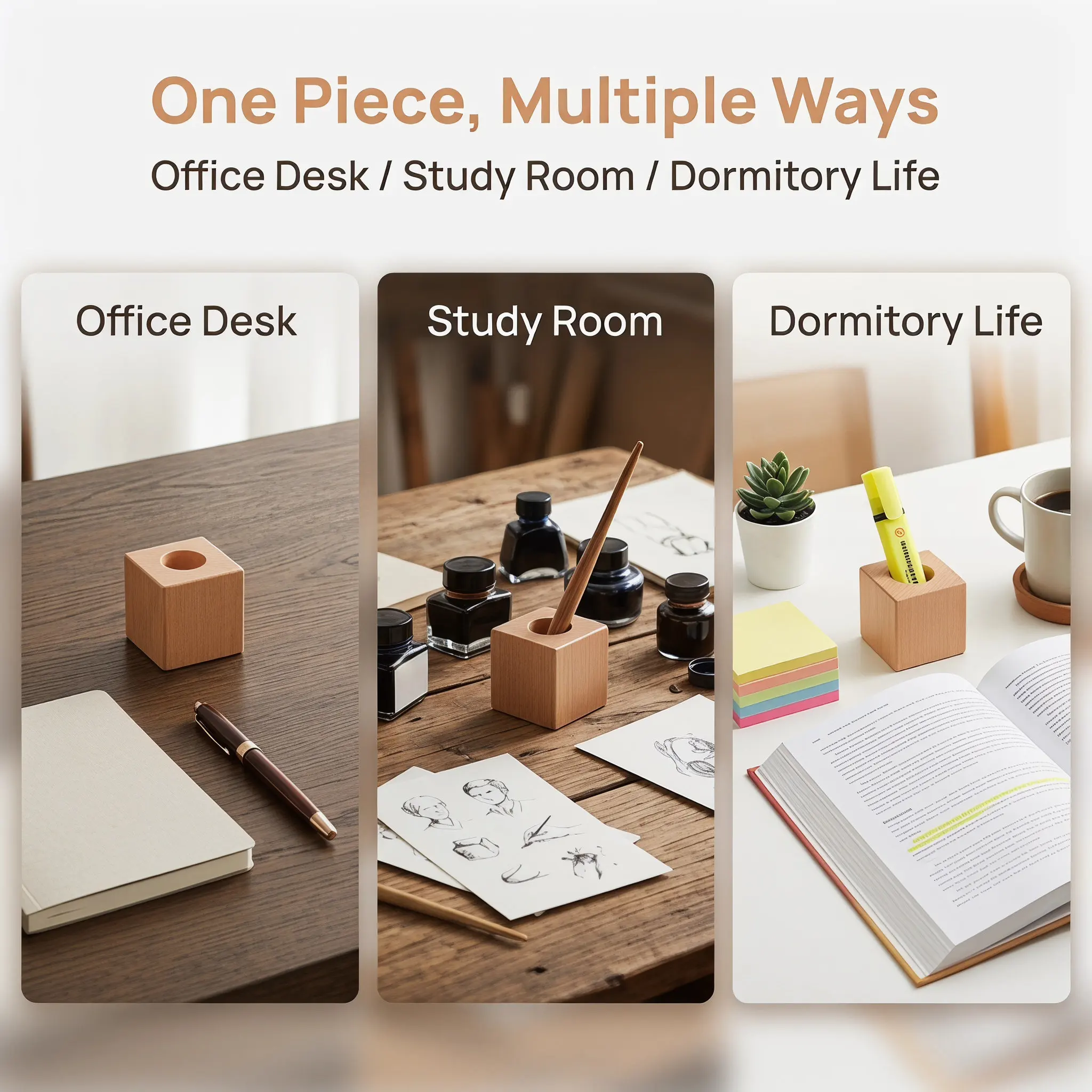 Single Wooden Pen Holder for Desk Square Base Office Organizer Pen Stand Minimalist Desktop Storage and Office Essentials