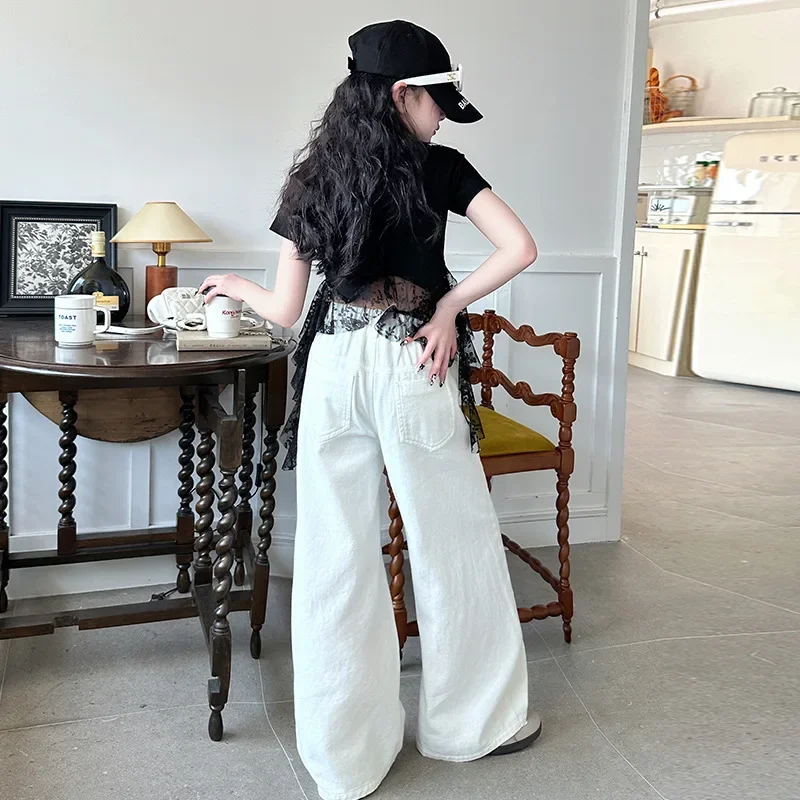 Girls Summer New Irregular Lace Splice T Shirt + Lace Splice Ripped Jeans 2PCS Set Children's Clothes Fashion Teen Kids Outfits