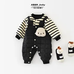 Autumn Winter Baby Boys Jumpsuit Striped Spliced Cartoon Plus Velvet Newborn Boys Rompers Cotton Padded Thick Infant Boy Onesies