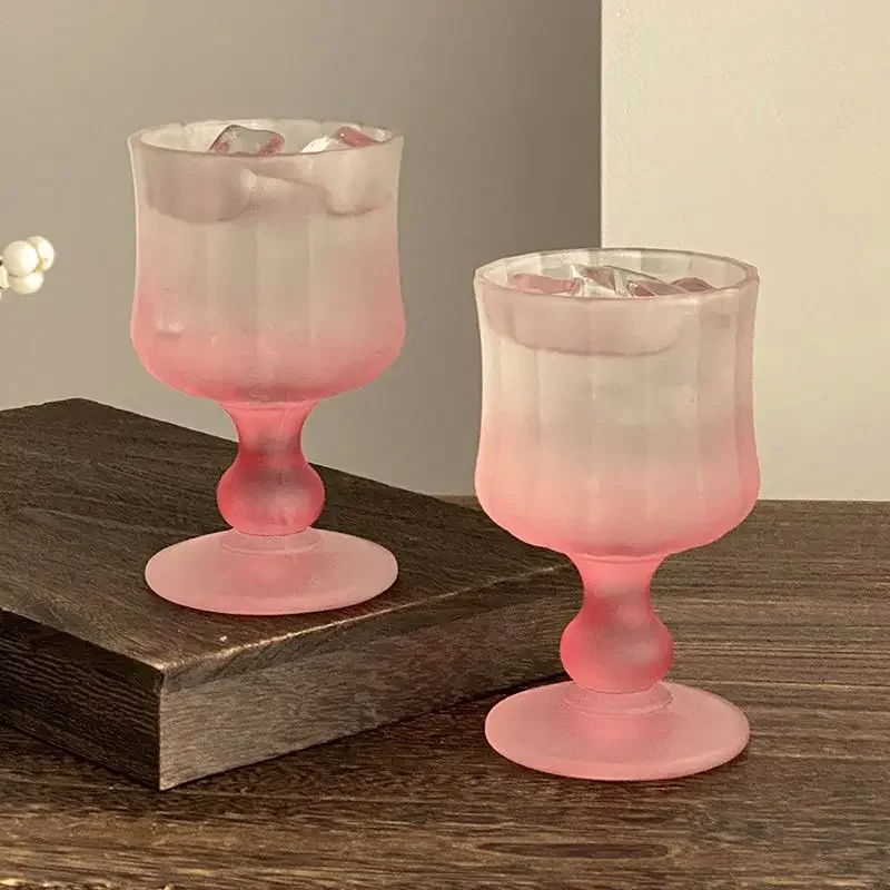 180ML/Middle Aged Frosted Gradient Powder Pleated High Footed Glass Cup with High Appearance for Girls, Red Wine Champagne Glass