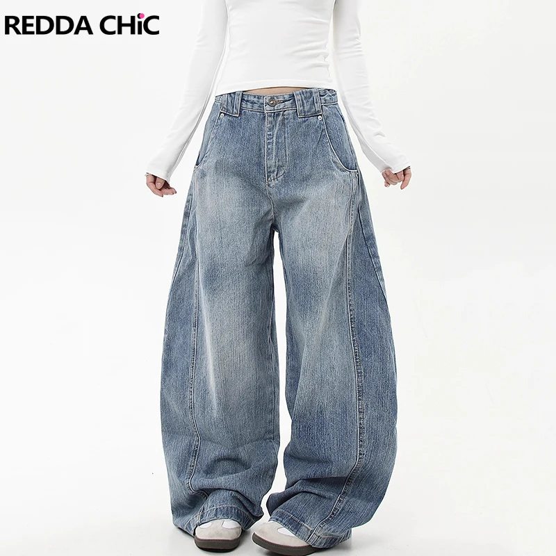 REDDACHiC Plain Textured Women's Baggy Jeans Whiskers Vintage Washed Clean Fit Barrel Wide Leg Casual Pants Korean Everyday Wear