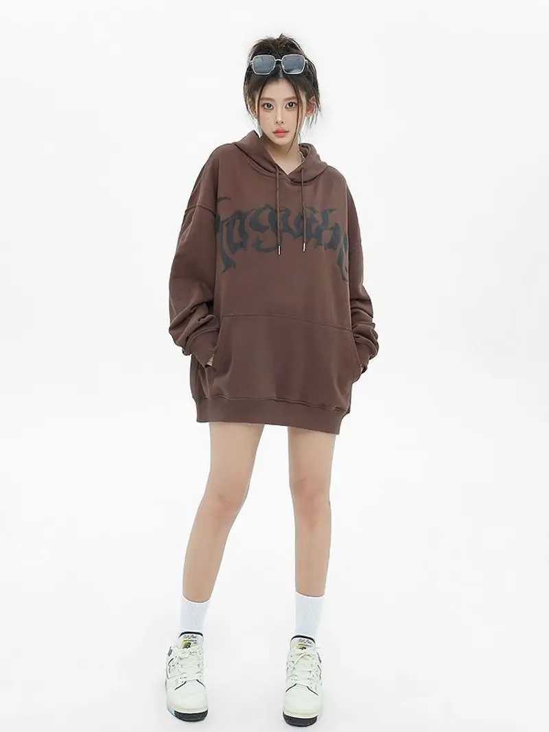 Oversized Hoodies for Women Men American Vintage Letter Hooded Sweatshirt High Street Couple Plush Hooded Coat Spring Autumn Top