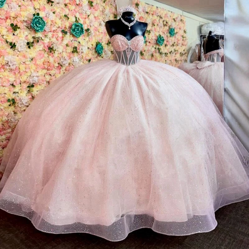 Pink Quinceanera Dresses Ball Gown Off Shoulder Bow Beading Crystal Tull Corset Birthday Party Sweet 16 Dress Vestidos 15 De Ano