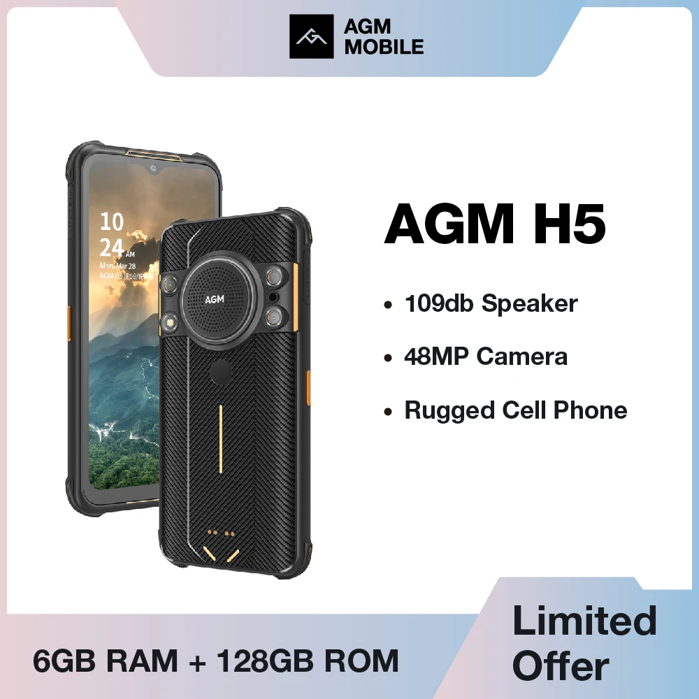 AGM H5 Android 12 Cell Phone, Large Capacity,  3.5W Loud Speaker, Night Vision, IP68, IP69K, 6 + 128G, 7000mAh