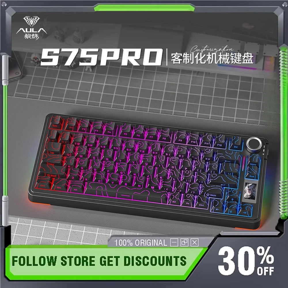 

AULA S75Pro Беспроводная механическая клавиатура Трехрежимная прокладка RGB Индивидуальная игровая клавиатура с многофункциональным дисплеем