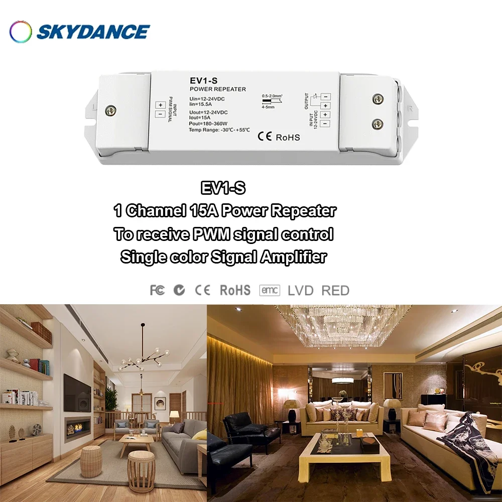 

DC12V-24V EV1-S 1CH PWM Constant voltage output/3KV optoelectronic isolation Repeater 15A Single color LED Signal Amplifier