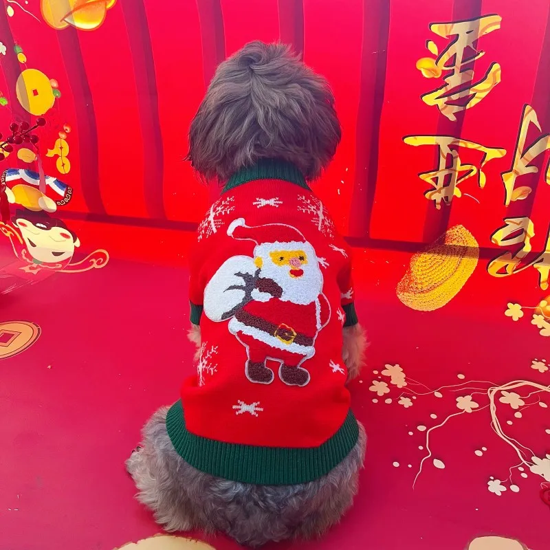 Dog Autumn/Winter Warm Sweater Christmas Red Grandpa Printed Clothes Small Cat Pomeranian