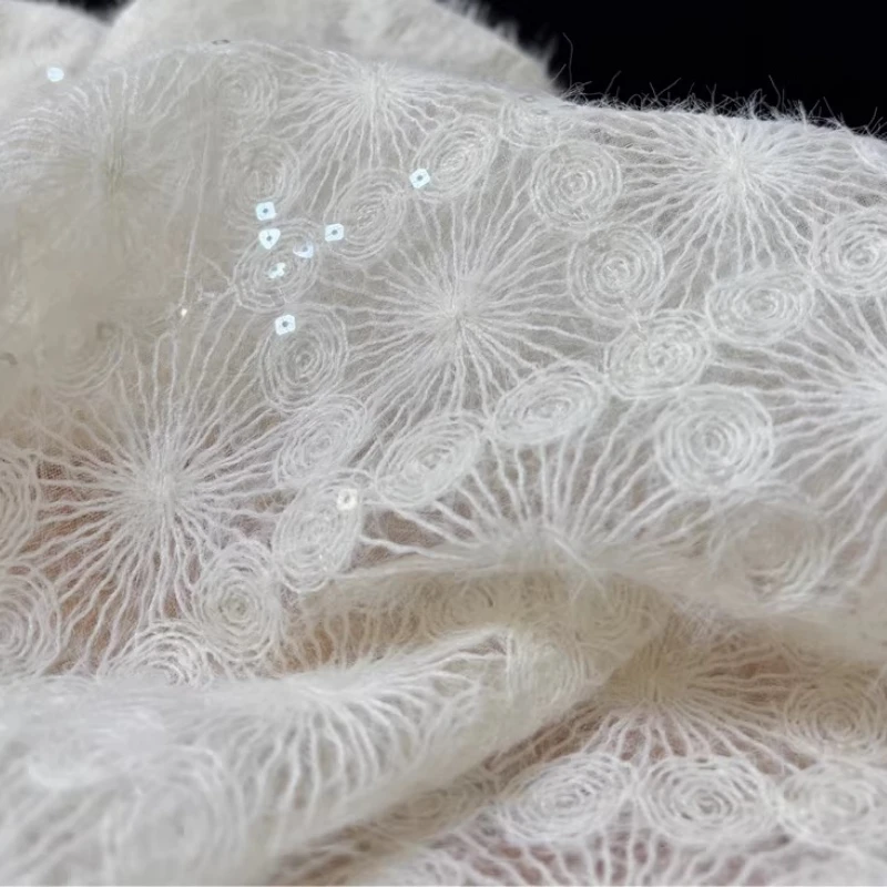 White Mohair Lace Fabric Loop Embroidery Diamond Jacquard Sheer Mesh Creative Dress DIY Material Designer Sewing Fabrics By Yard view 2