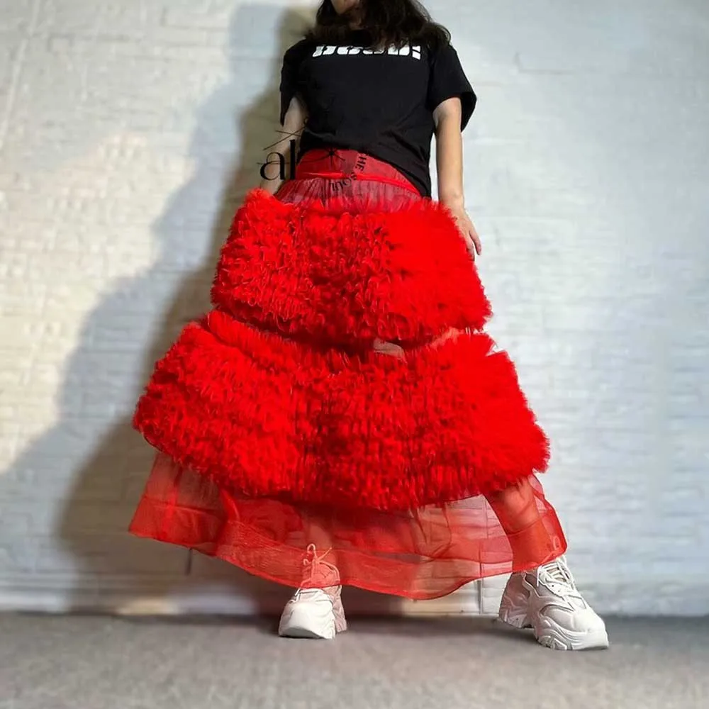 

Red Ruffled Tulle Skirt Princess Puffy Wedding Skirts Women Tiered Tulle A Line Cake Skirt Custom Made Dance Tutu Party Skirt