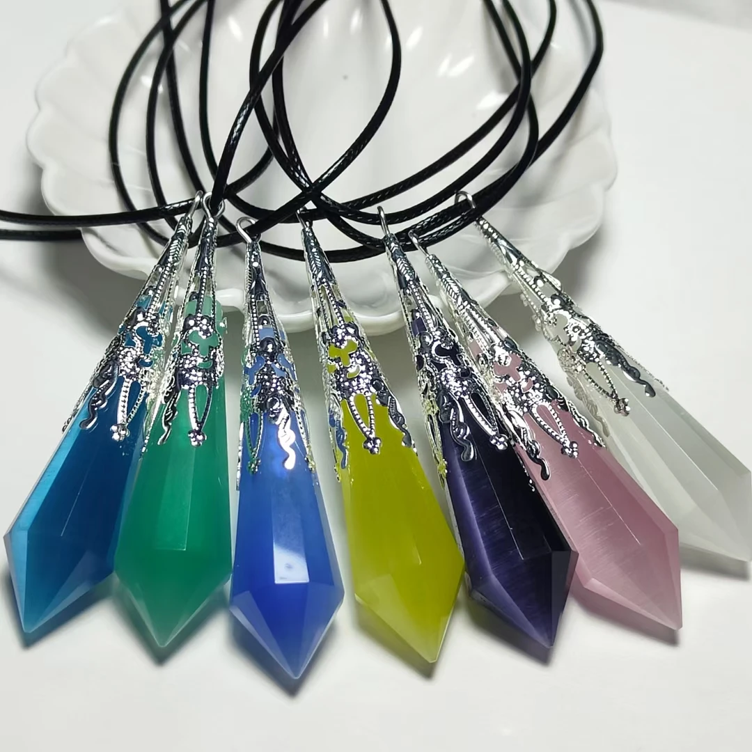 Natural Opal Stone Pendulums Hexagon Column Crystal Point Silver Color Chakra Crystal Pendants Reiki Pendulum Dowsing Pendule