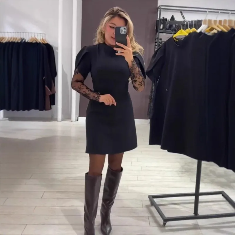 Vestido Elegante com Renda em Camadas, Modelo A, Primavera Verão 2026, Cintura Alta, Gola Semi-Alta, Vestido Mini para Mulheres, Manga Bufante, Vestido de Festa Preto