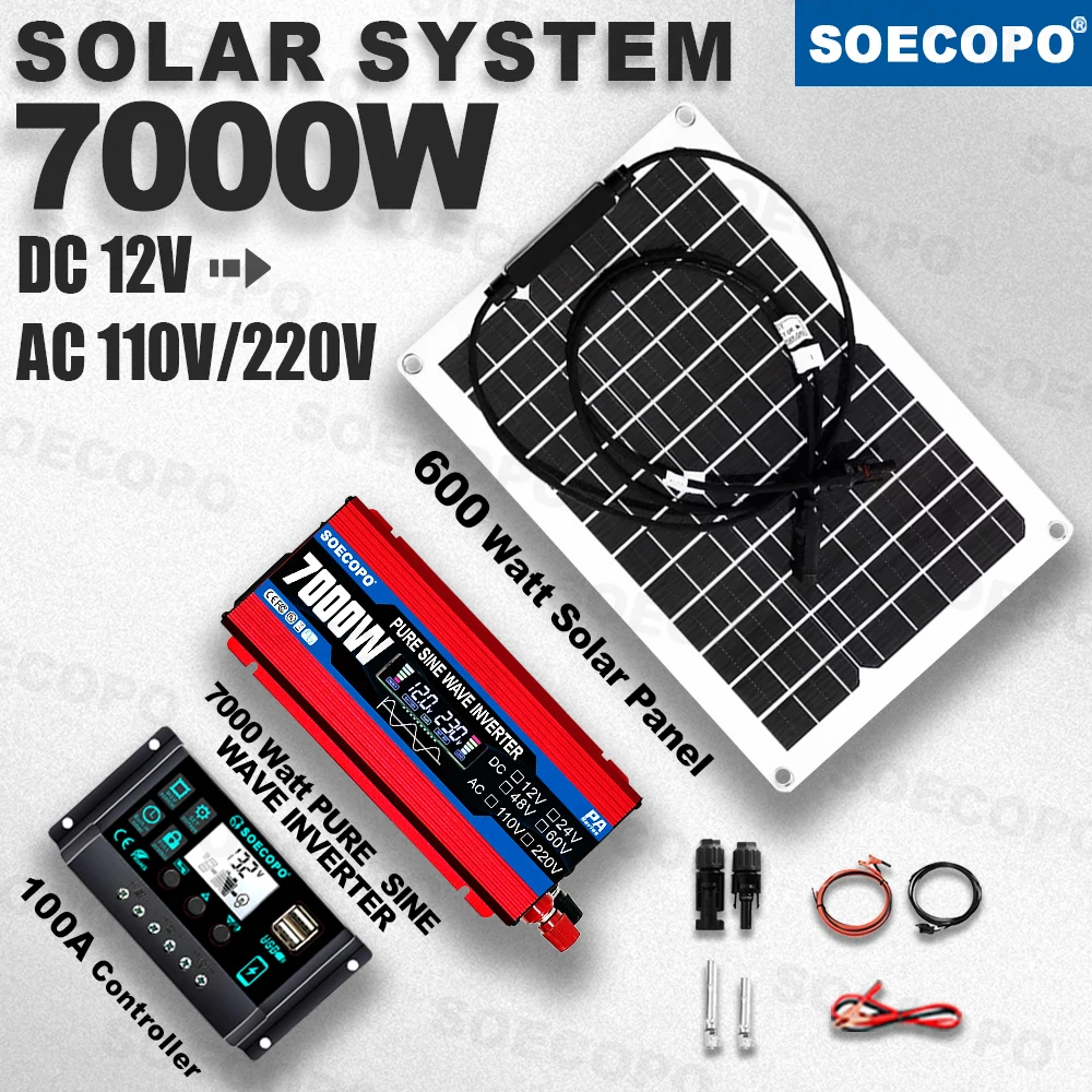 7000W Peak Solar System Kit Pure Sine Wave Inverter DC 12V To AC 110V/220V 600W Panel 100A Controller Complete for Camping Home