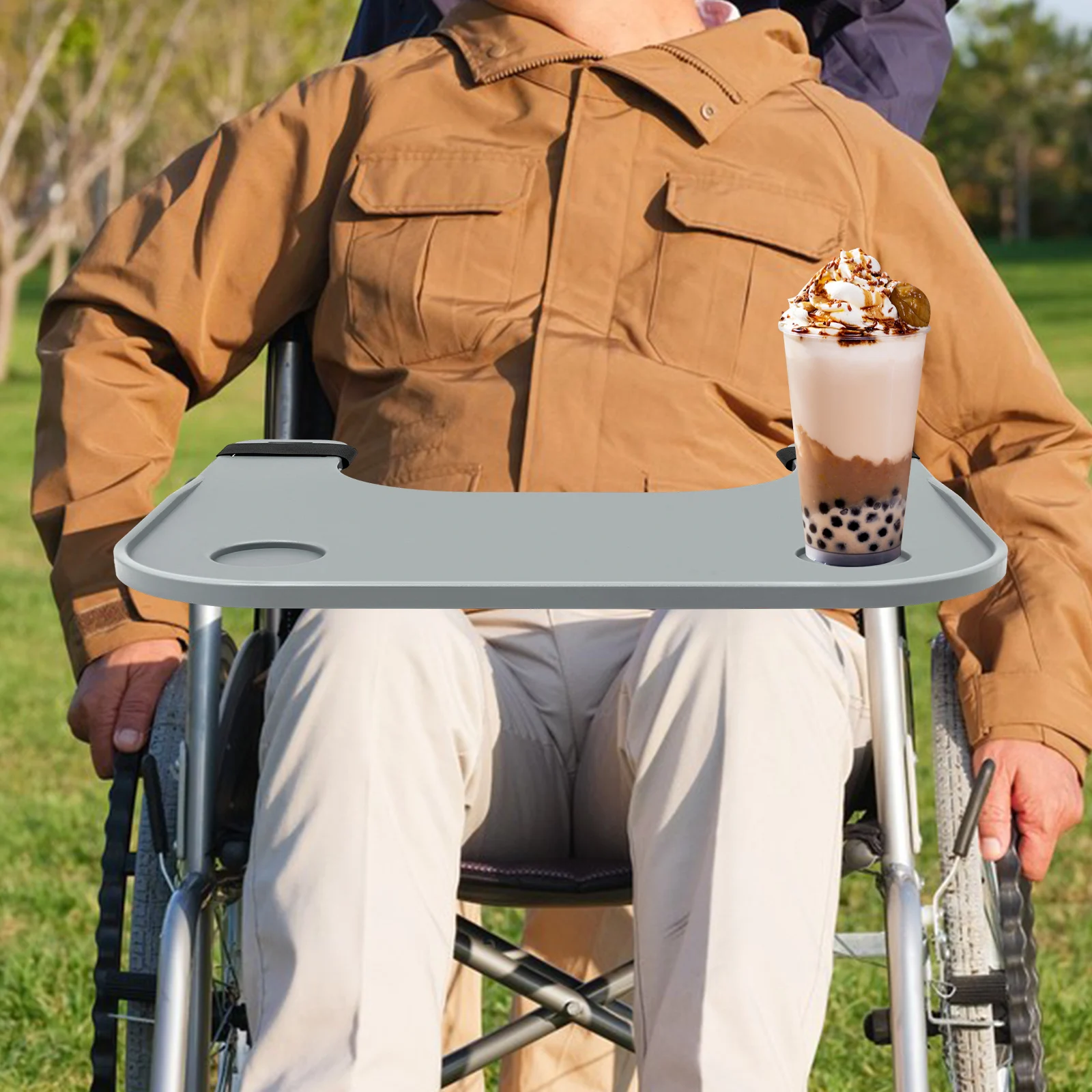 

Wheelchair Tray Table Board 20kg/44lbs Load-bearing Durable Wheelchair Table w/ 2 Cup Holders, Fit Disabled Reading Eating