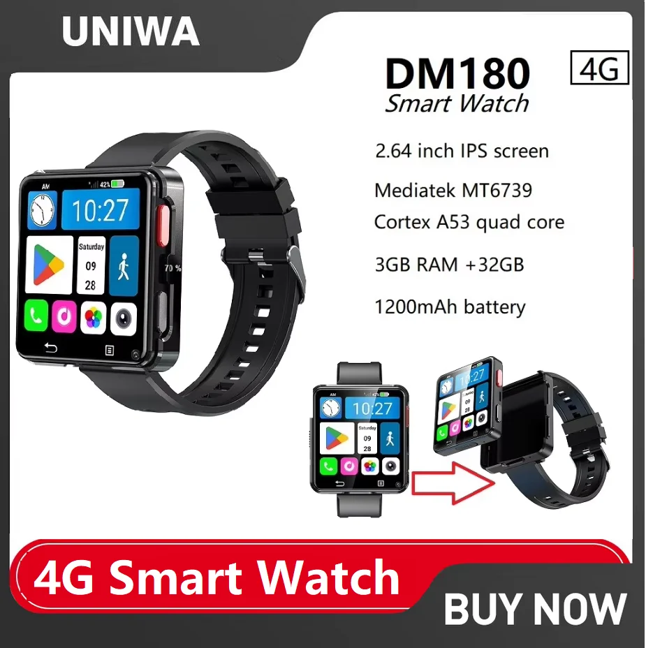 UNIWA DM180 4G Smart Watch Android 11,2.64 inch ,3GB RAM +32GB ROM 1200mAh battery Double cameras GPS Men Women Smartwatch Phone