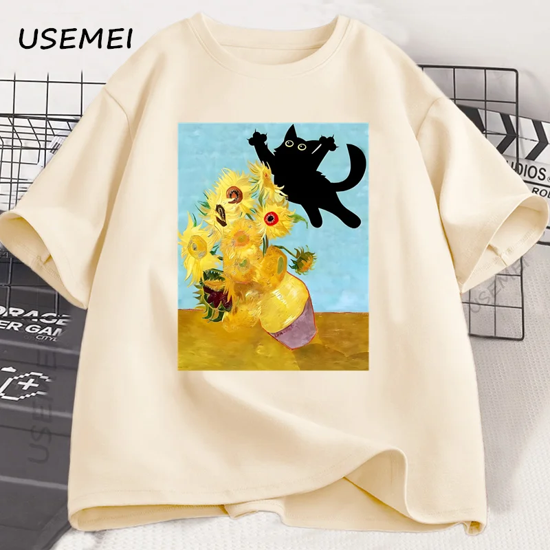Vincent Van Gogh Cat T-shirt for Men Women Sunflowers Print Tshirt Funny Cute Cat Kitten T Shirt Cotton Short Sleeve Clothes