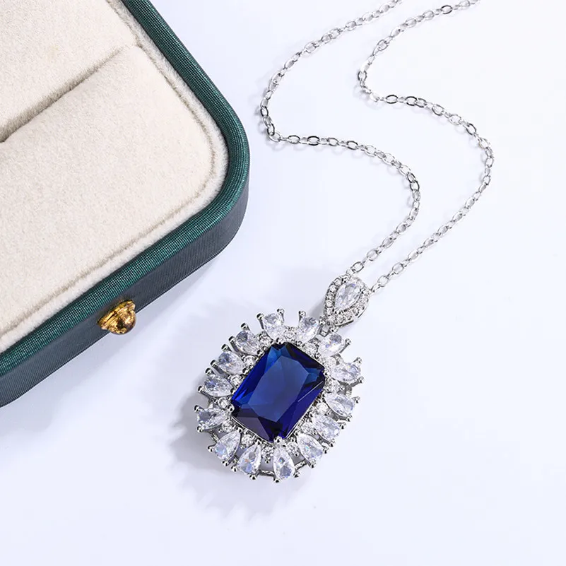 Created Sapphire Pendant Necklace For Women Blue Gemstone 45cm Chain Fashion Jewelry Wedding Party Accessories