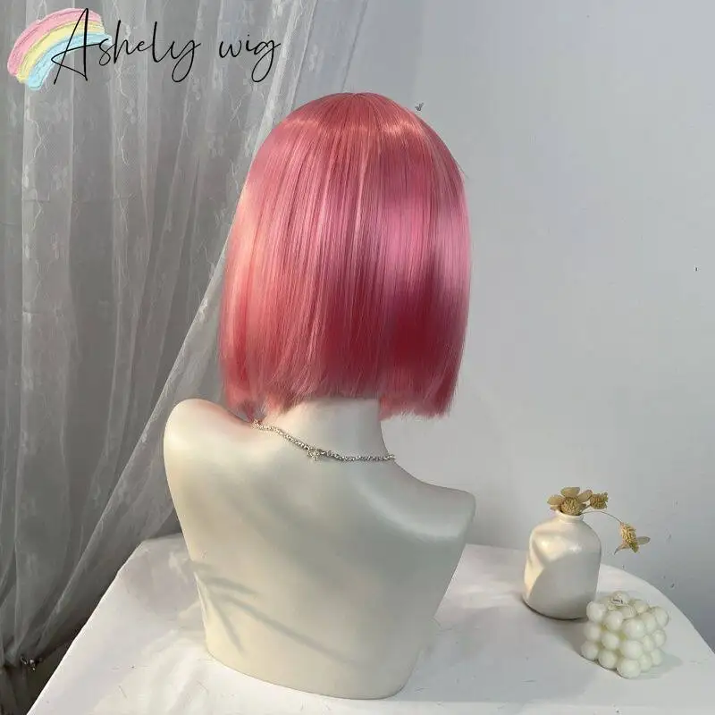 Pink Wig with Bangs 12inch Short Bob Wig Cute Straight Wigs High Temperature Fibers Shining Lolita Synthetic Wigs for Cosplay