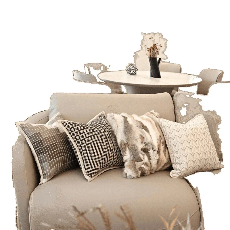 

Designer quality milk white light luxury real rabbit fur quality model room sofa living room throw pillow cushion