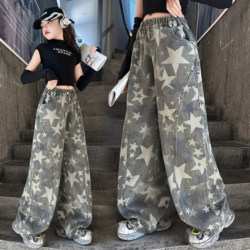 American Fashion Kids Harajuku Khaki Jeans With Stars for Girls Loose Casual Wide Leg Trousers Children Camouflage Denim Pants