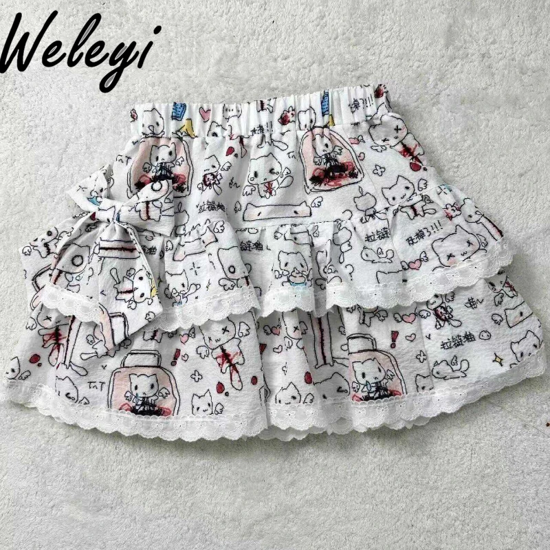 

Summer Subculture Y2K Soft Girl Printed Short Skirt Ladies 2024 New Sweet Two-dimensional Girl Student Cute Mni Cake Puffy Skirt