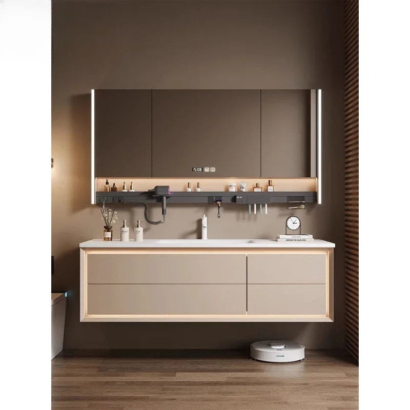 

New light luxury modern minimalist bathroom cabinet oak combination bathroom slate seamless hand wash washbasin washstand