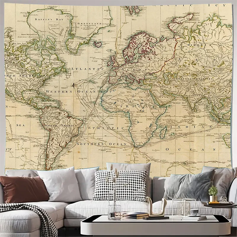 Vintage World Map Tapestry Ancient Europe Asia Wall Hanging Decor Room Aesthetic Travel Theme Home Textile Art