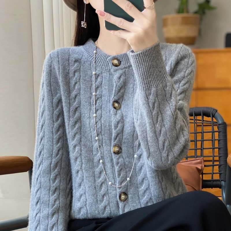 LDZWSM Autumn And Winter Pure Wool Sweater Women's Round Neck Twist Thick Sweater Loose Cashmere Bottom Knit Outside Wear