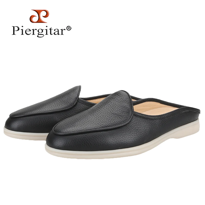 Piergitar 2026 Summer Style Black Color Football Cow Leather Babouche Walk Loafers Handcrafted Men's Mules White Natural Soles