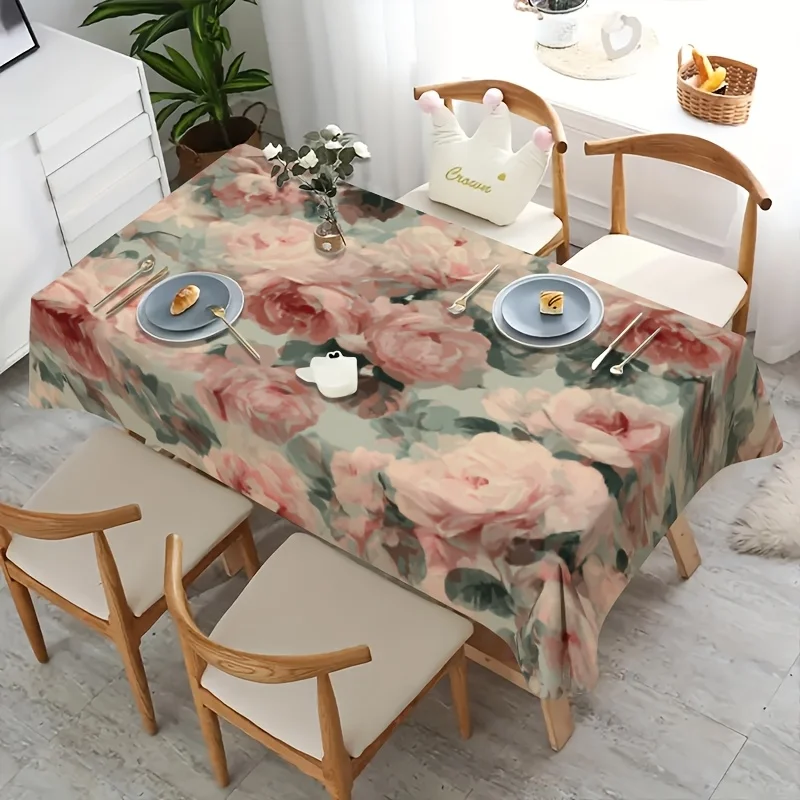 Watercolor Rose Art Tablecloth, Sage Green With Blush Pink Rose Graphic Print Table Cover for Dining, Kitchen & Home Decor