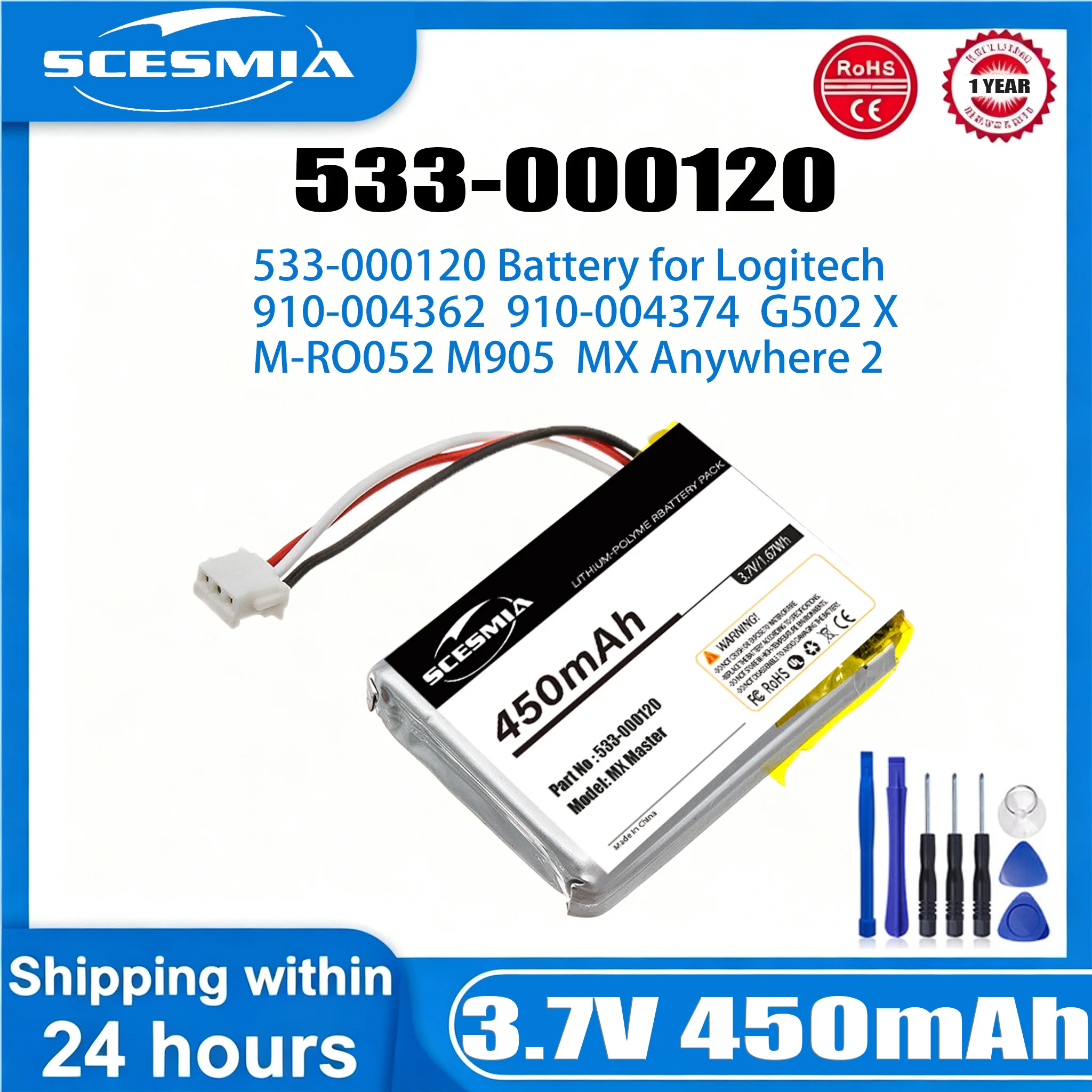 Batería de ratón de 3,7 V y 450 mAh para Logitech MX Master 2, Master 3, Master 2s, ERGO, Master 3S, Anywhere 3/3S, MR0083 M905, G502 X +HERRAMIENTA