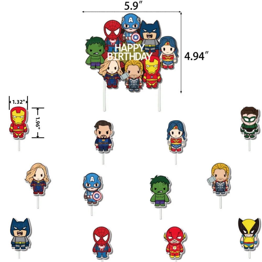 Avengers Cake Toppers for Kids, Cupcake Decor, Cartoon Hero, Birthday Party, Baby Shower, Super hero, 13 Pçs/set