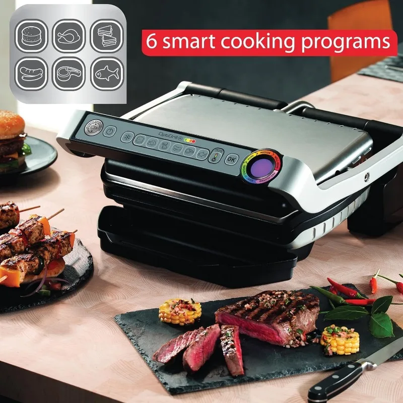 Elektryczny grill ze stali nierdzewnej OptiGrill na 4 osoby, 6 automatycznych trybów gotowania, inteligentne grillowanie od miękkiego do dojrzałego, 1800