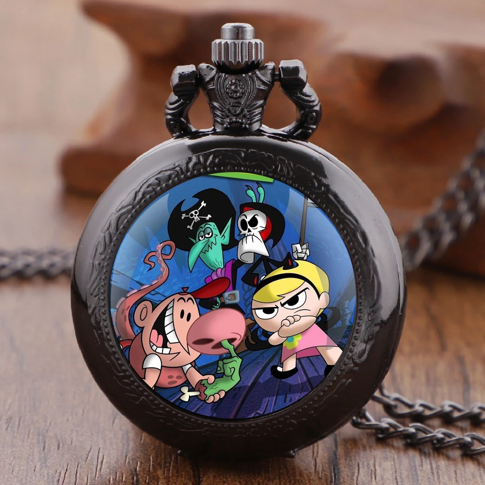 

Billy e Mandy Glass Dome Quartz Pocket Watch With Durable Chain Arabic Numeral Dial Extraordinary Gifts for Kids