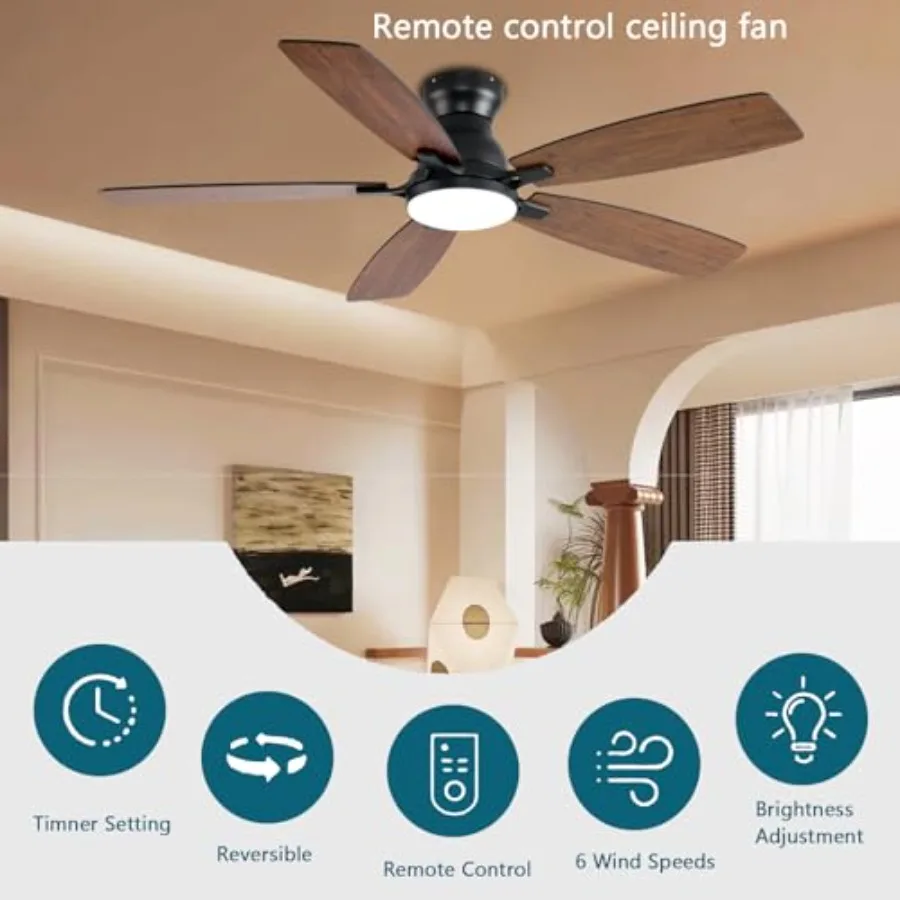 Ceiling Fans with Lights, 52 Inch Low Profile Ceiling Fan with Light and Remote Control, Flush Mount, DC Reversible Motor, Nois