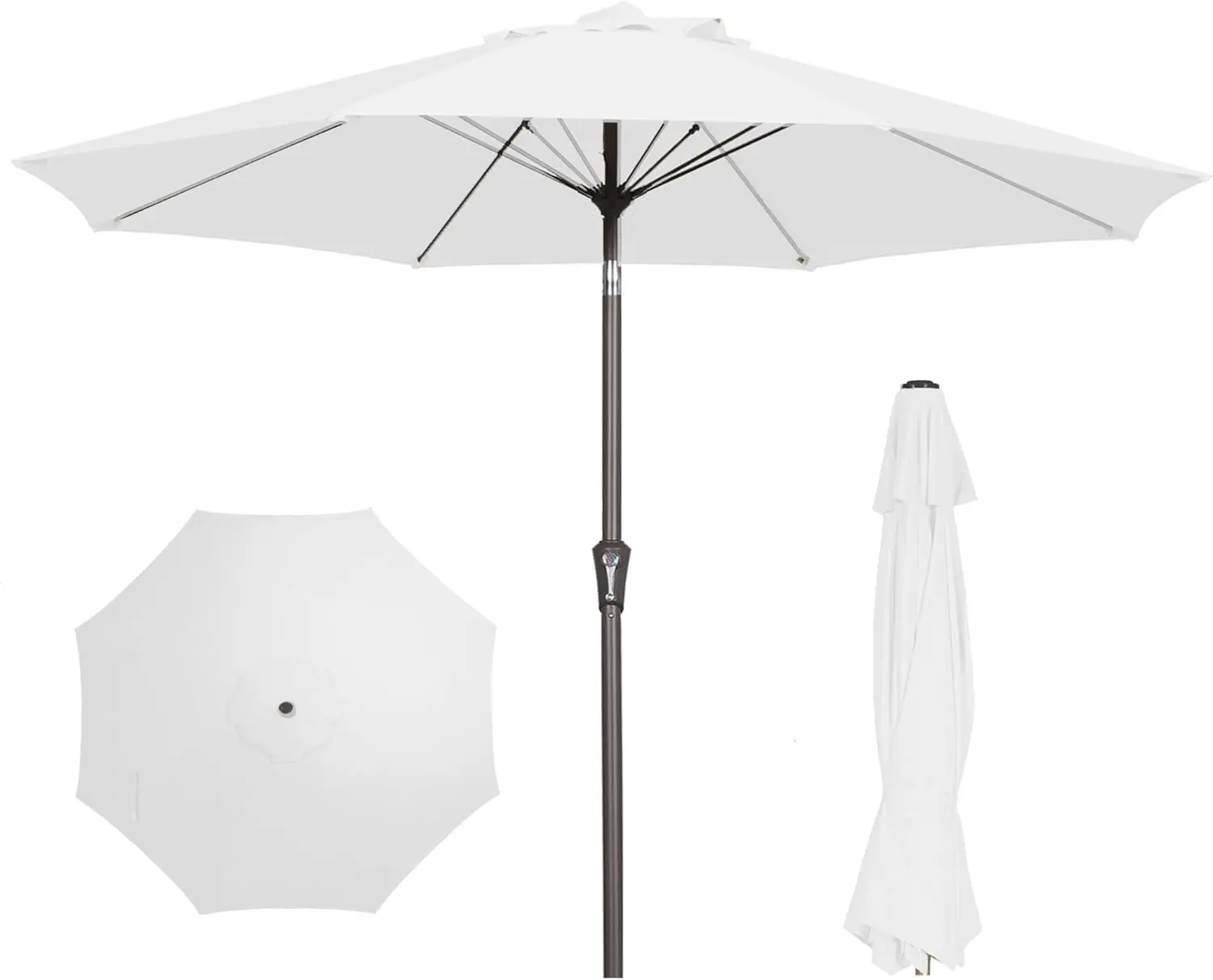 Parasol de patio de 9 pieds, parapluie de marché extérieur avec bouton poussoir d'inclinaison et manivelle, parasol de table 8 nervures robustes en fibre de verre UV