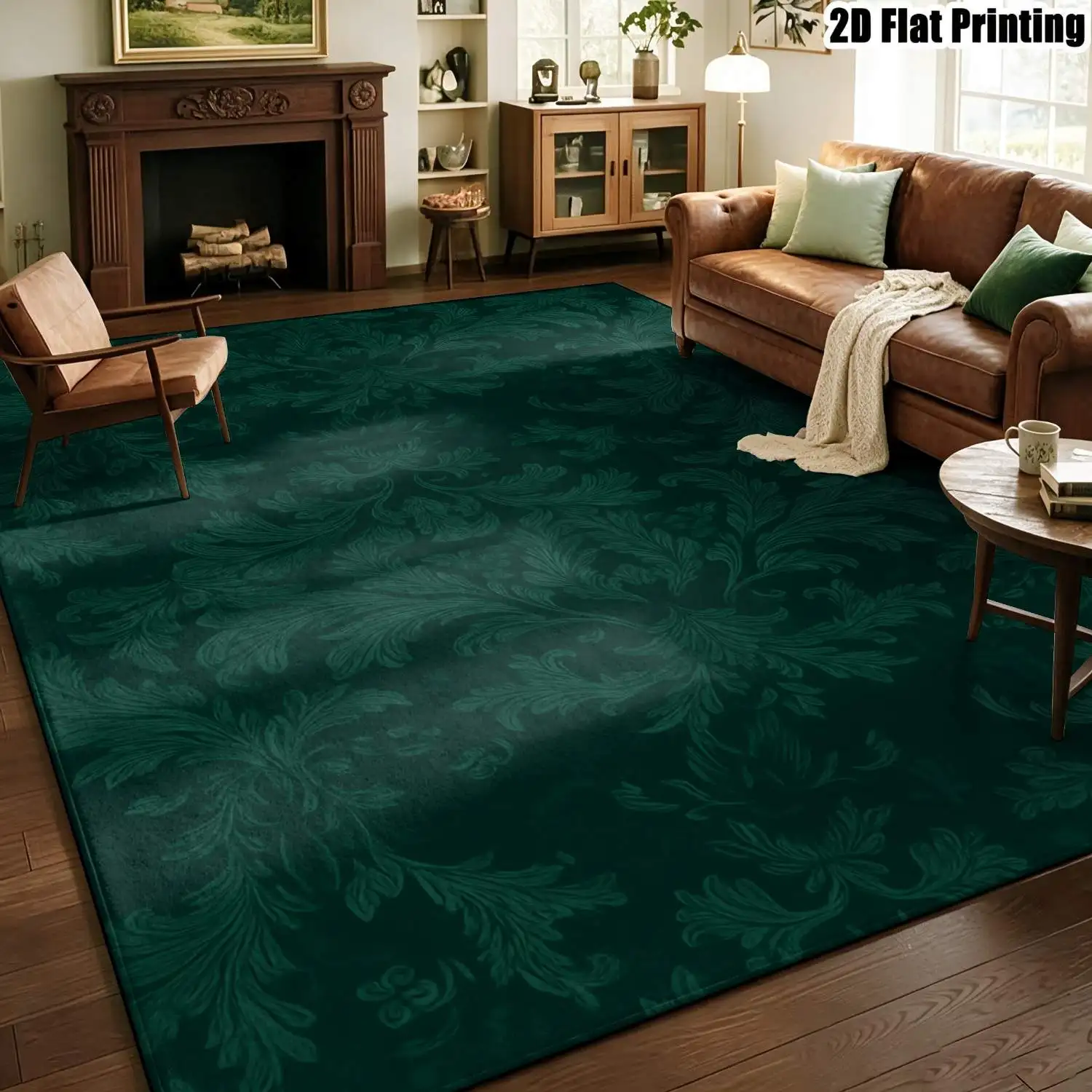 1Pc 2D Printed Carpet: Deep Green Leaf & Branch Pattern, Retro/Modern Minimalist/Bohemian Geometric Striped Style, Home Decor, Multi-Size, Machine Washable, Ideal for Entrance, Dining Room, Foyer, Bedroom, Living Room