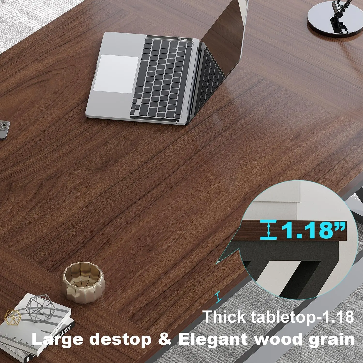 Walnut Large Office Desk Modern Long Wood Metal Computer Table 78.7 in, Customized