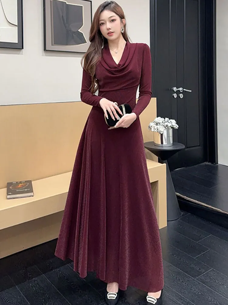 2026 Red Mesh Long Sleeve Swinging Collar Dress Autumn Elegant Ruffled A-Line Dress Women Korean Vintage Luxury Festival Dresses