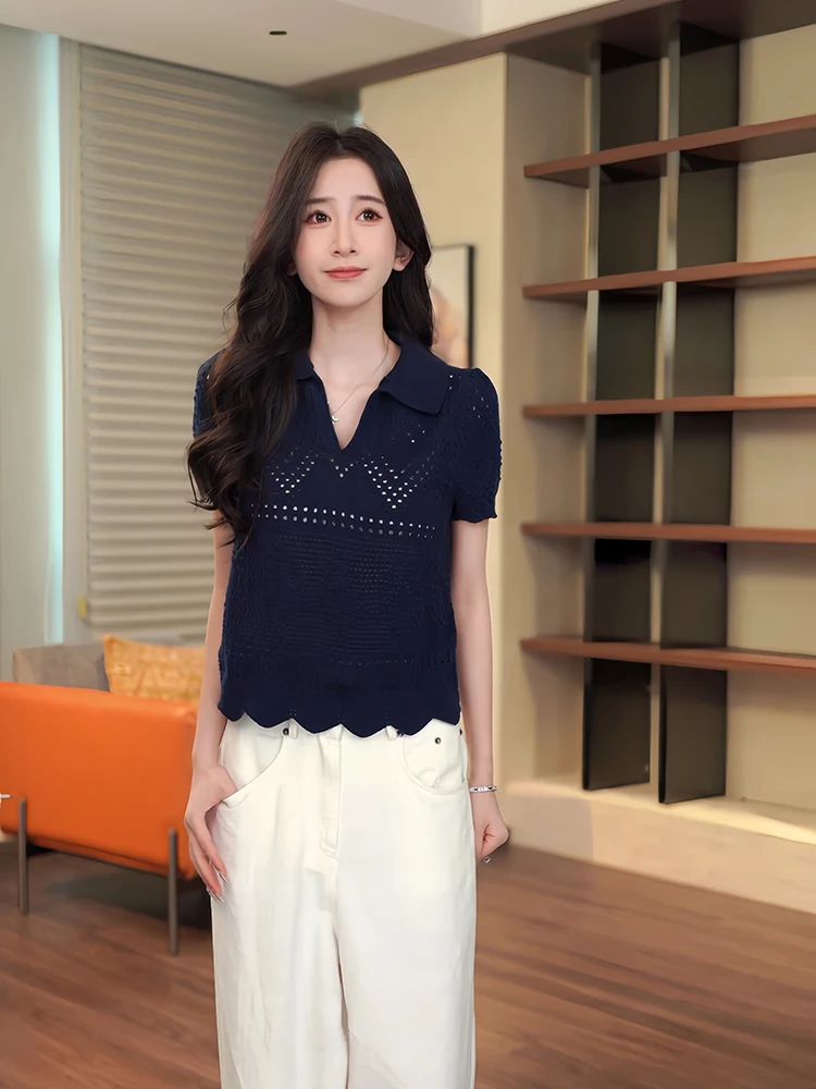 

00% Cotton Knitted ort Sve Casual T-irt with Hollow Pattern Turn-down Collar for Women by ZONE Comfortable Breathable...