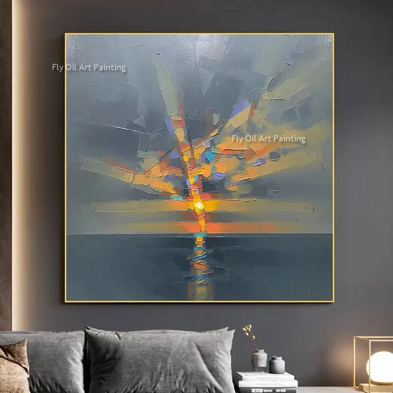 Hand Painted Sea Sun Rise Oil Painting Beautiful Blue Sea View Canvas Wall Decor Large Seascape Sun Set Artwork For Room Decor