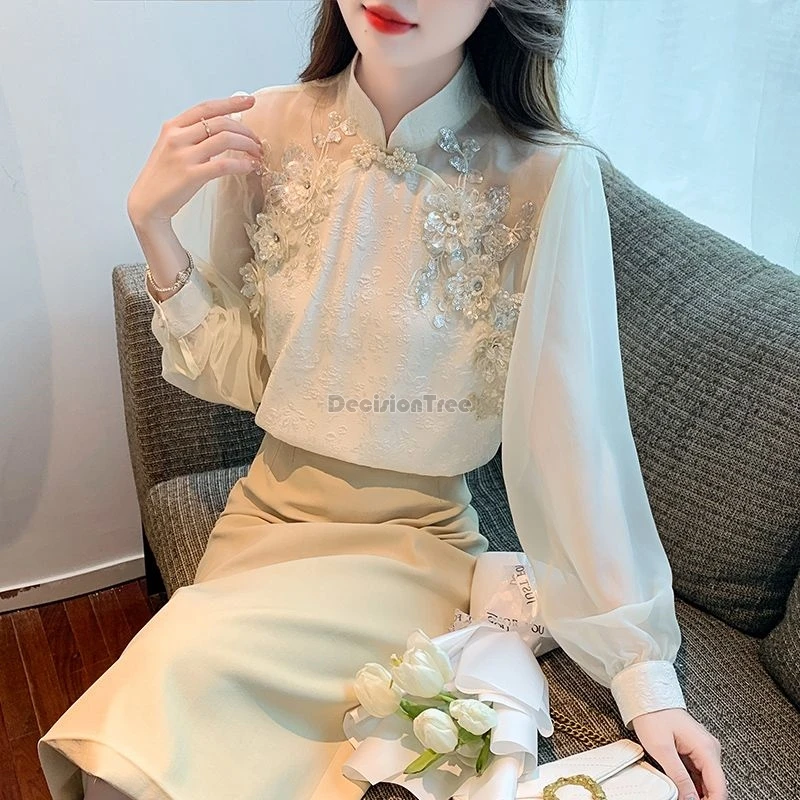 2024 vintage chinese style versatile tang suit top improved jacquard patchwork qipao top new fashion design sense chiffon blouse