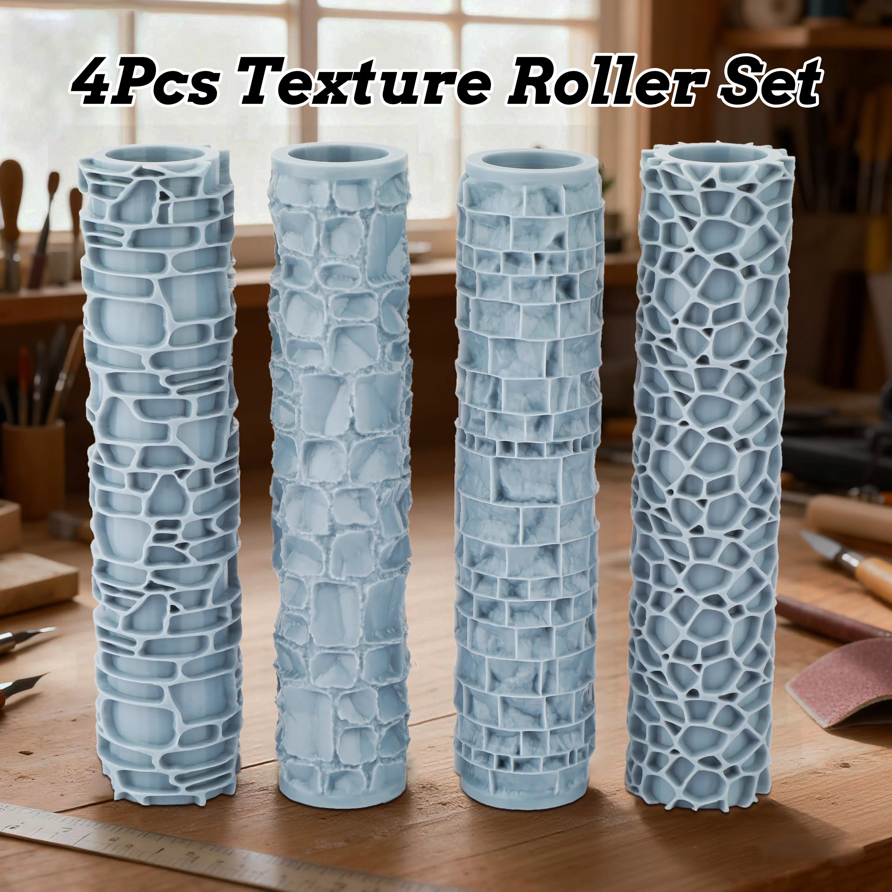 4Pcs DND Texture Roller Set – Stone & Terrain Pattern Tools for Diorama Scenery & Dungeon Building | Authentic TTRPG Surfaces